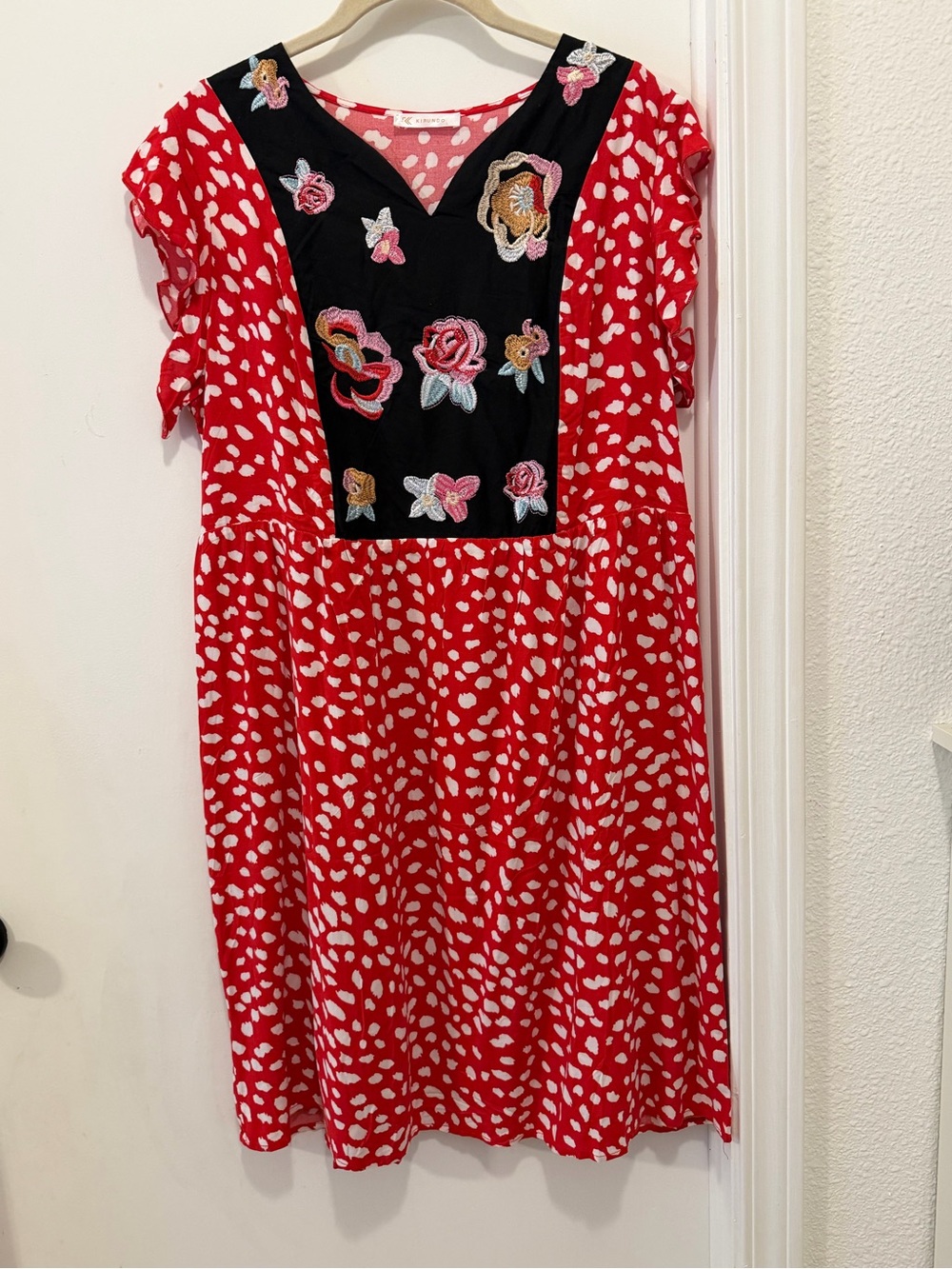 Red Floral-Print Casual Dress with Black Embroidered Bib. NWOT